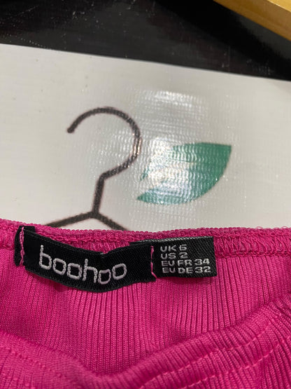 BOOHOO |XS| BUST 13| A64| MAGENTA RIBBED-BODICE SHEER SPOT-SLEEVE TECHNICAL UTILITY BODYSUIT