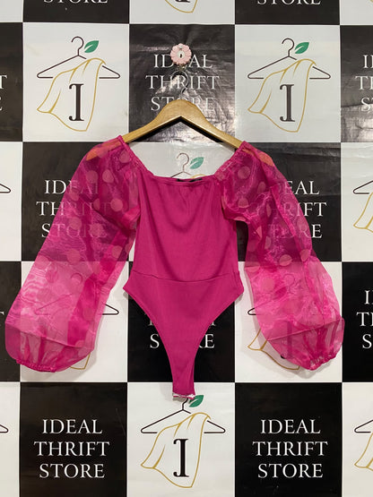 BOOHOO |XS| BUST 13| A64| MAGENTA RIBBED-BODICE SHEER SPOT-SLEEVE TECHNICAL UTILITY BODYSUIT