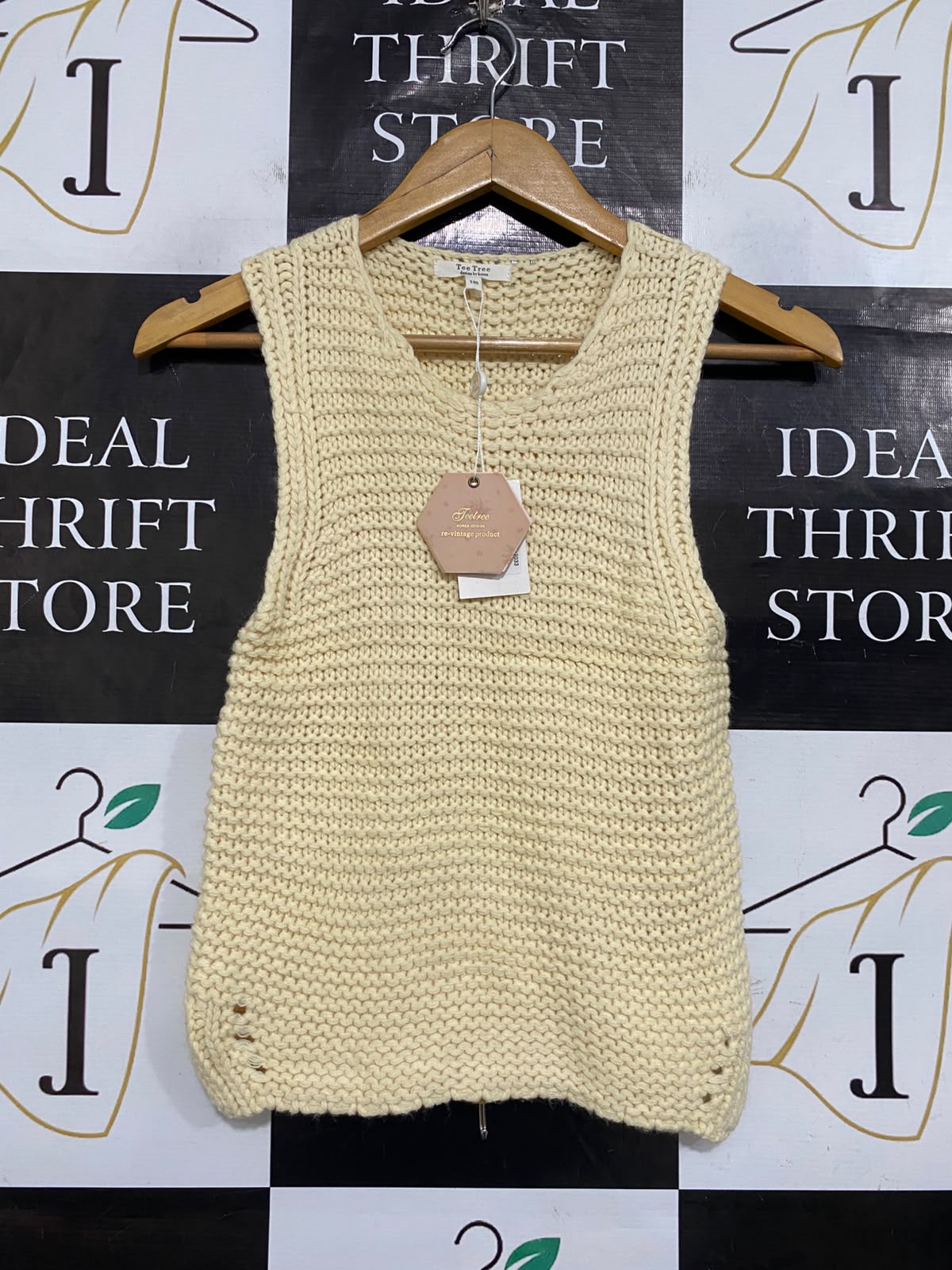 TEE TREE |XS| BUST 13|A64| CREAM CHUNKY KNIT SLEEVELESS TECHNICAL UTILITY TANK TOP