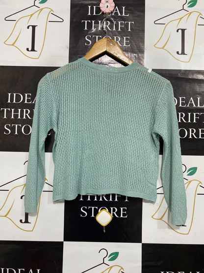 ALLIE |S| BUST 17| A64| SAGE GREEN OPEN-KNIT BUTTON-FRONT TECHNICAL UTILITY CARDIGAN