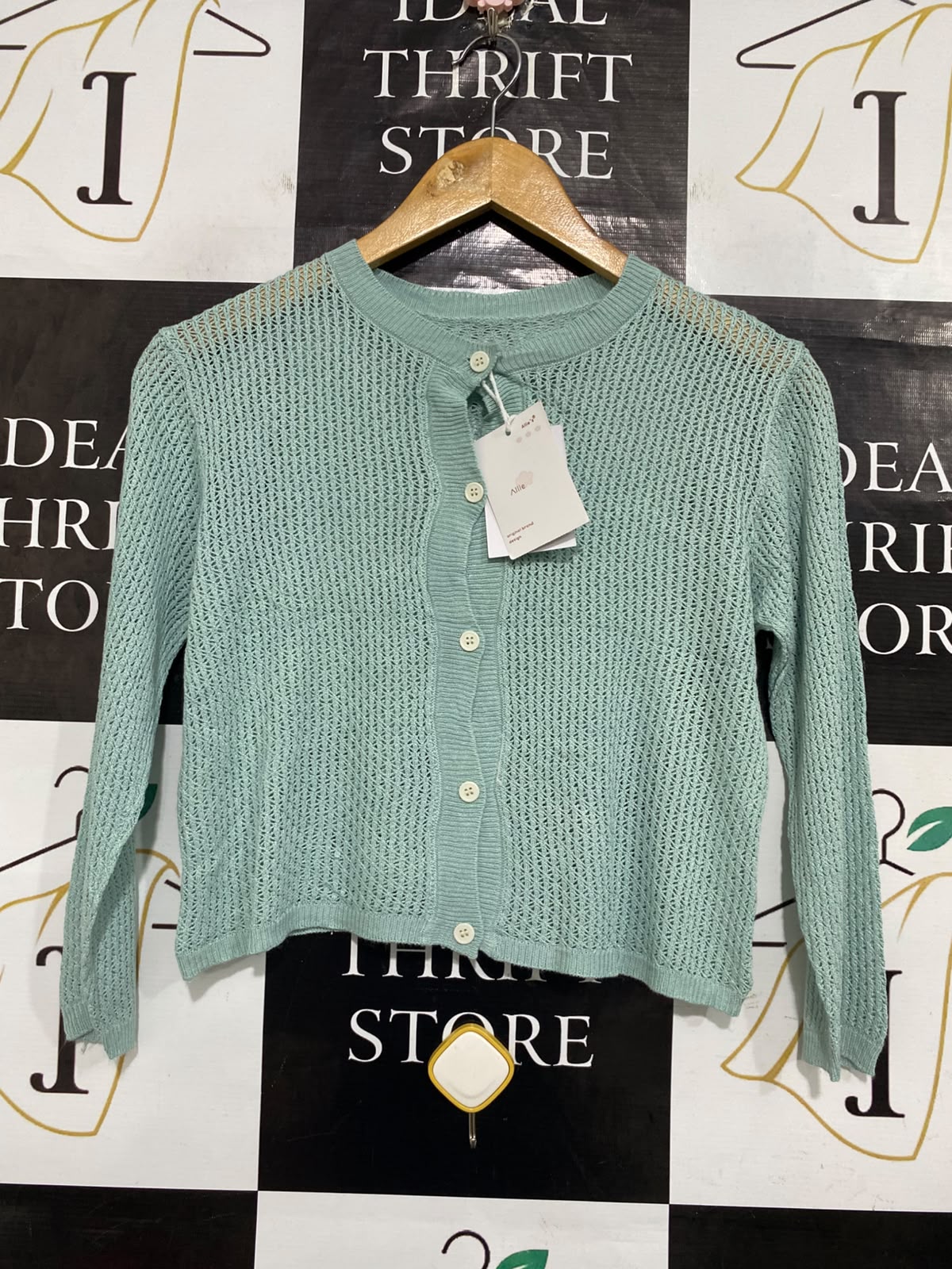 ALLIE |S| BUST 17| A64| SAGE GREEN OPEN-KNIT BUTTON-FRONT TECHNICAL UTILITY CARDIGAN