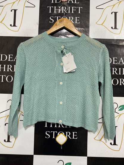 ALLIE |S| BUST 17| A64| SAGE GREEN OPEN-KNIT BUTTON-FRONT TECHNICAL UTILITY CARDIGAN