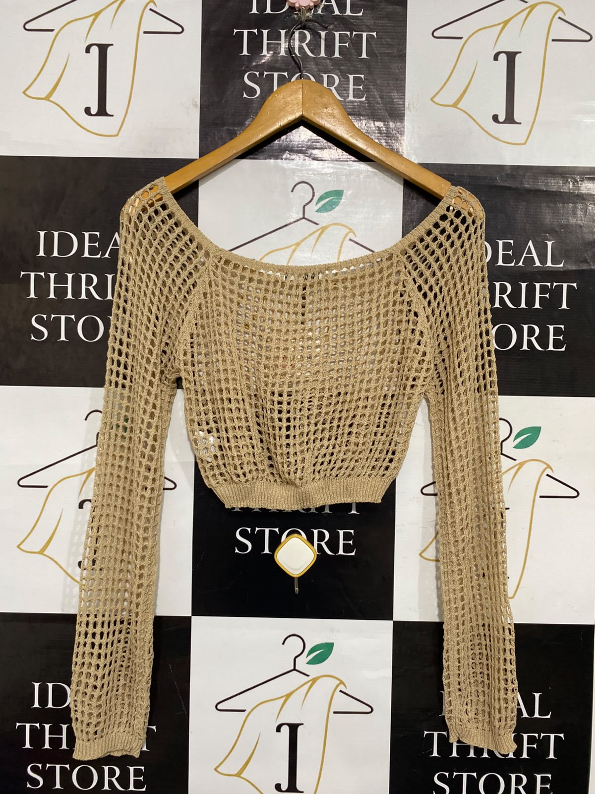 ALLY |M| BUST 14| A64| BEIGE OPEN-KNIT BOAT-NECK TECHNICAL UTILITY CROP TOP