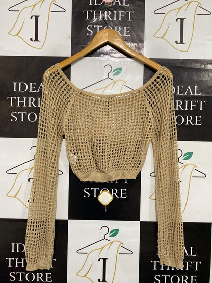 ALLY |M| BUST 14| A64| BEIGE OPEN-KNIT BOAT-NECK TECHNICAL UTILITY CROP TOP