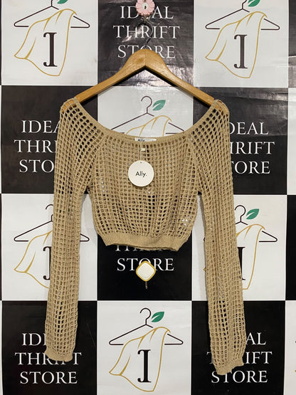 ALLY |M| BUST 14| A64| BEIGE OPEN-KNIT BOAT-NECK TECHNICAL UTILITY CROP TOP