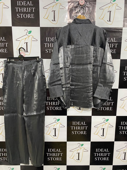 H&M |M| A64| METALLIC CHARCOAL GREY SHIRT AND WIDE-LEG PANT TECHNICAL UTILITY TWO-PIECE SET