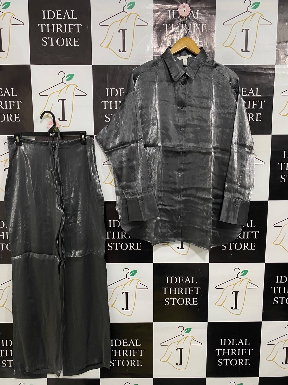 H&M |M| A64| METALLIC CHARCOAL GREY SHIRT AND WIDE-LEG PANT TECHNICAL UTILITY TWO-PIECE SET