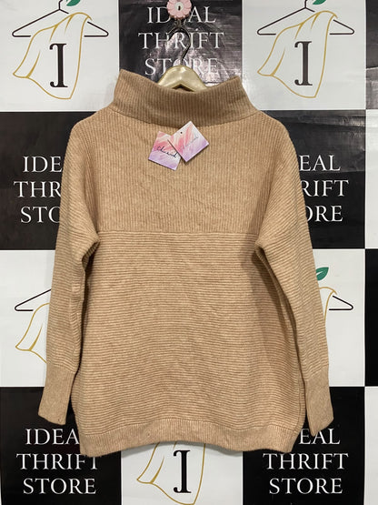 CHICWISH |XL| BUST 25| A64| BEIGE MOCK-NECK RIBBED-TEXTURE TECHNICAL UTILITY SWEATER