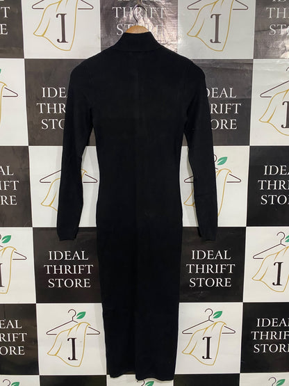 GLASSONS |S| BUST 14| A64| BLACK FULL-ZIP STAND-COLLAR LONG-SLEEVE TECHNICAL UTILITY MIDI DRESS