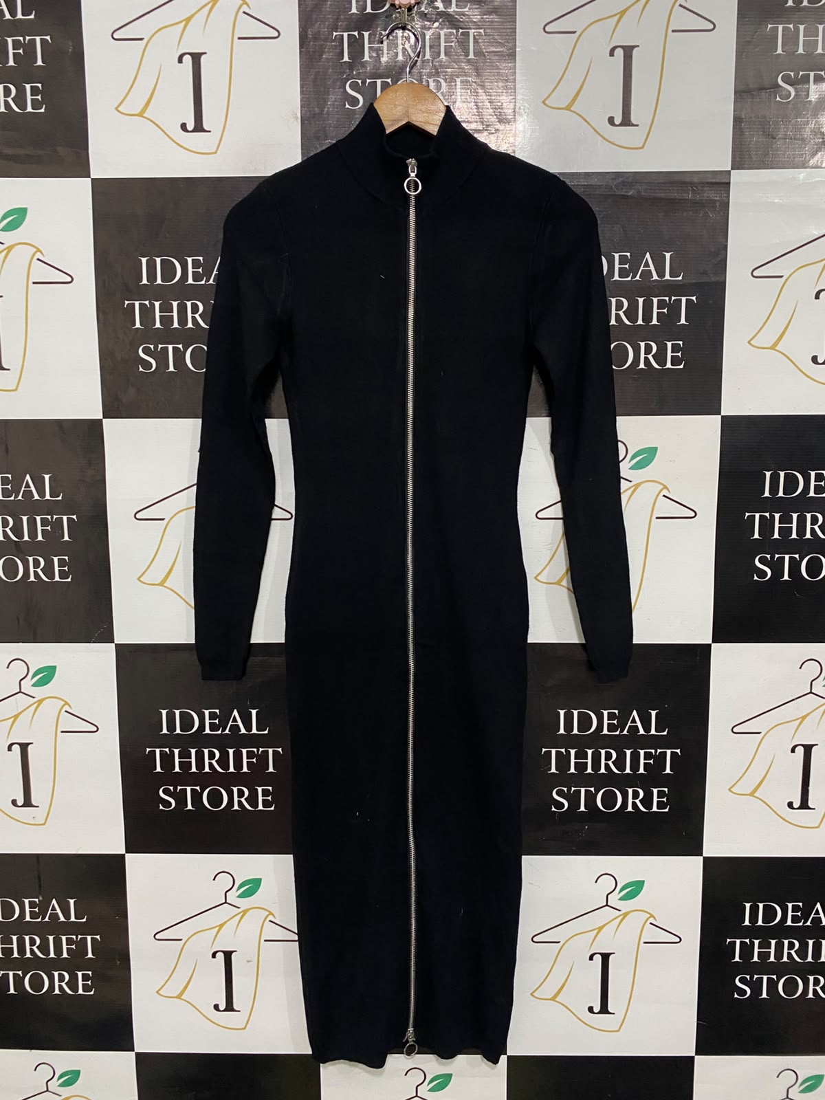 GLASSONS |S| BUST 14| A64| BLACK FULL-ZIP STAND-COLLAR LONG-SLEEVE TECHNICAL UTILITY MIDI DRESS
