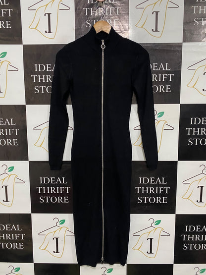 GLASSONS |S| BUST 14| A64| BLACK FULL-ZIP STAND-COLLAR LONG-SLEEVE TECHNICAL UTILITY MIDI DRESS