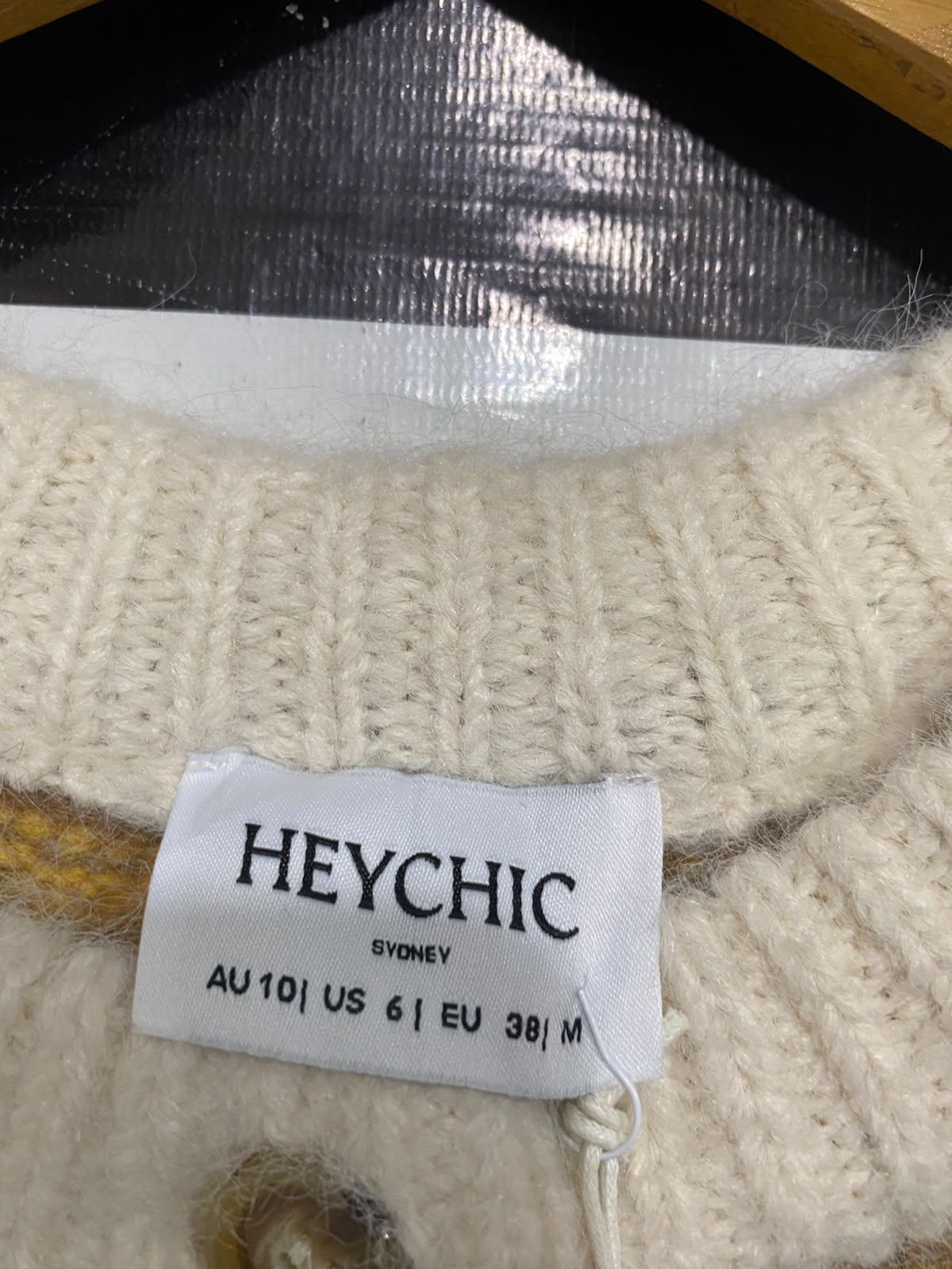 HEYCHIC |M| BUST 23| A64| BEIGE FAIR ISLE PATTERN BUTTON-FRONT TECHNICAL UTILITY CARDIGAN