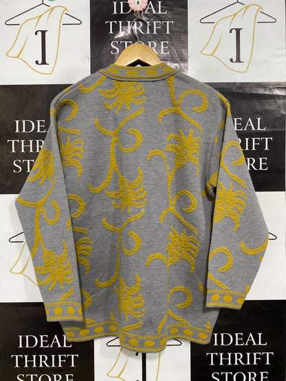 CARIOLO |M| BUST 23| A64| GREY AND MUSTARD FLORAL-PATTERN BUTTON-FRONT TECHNICAL UTILITY CARDIGAN