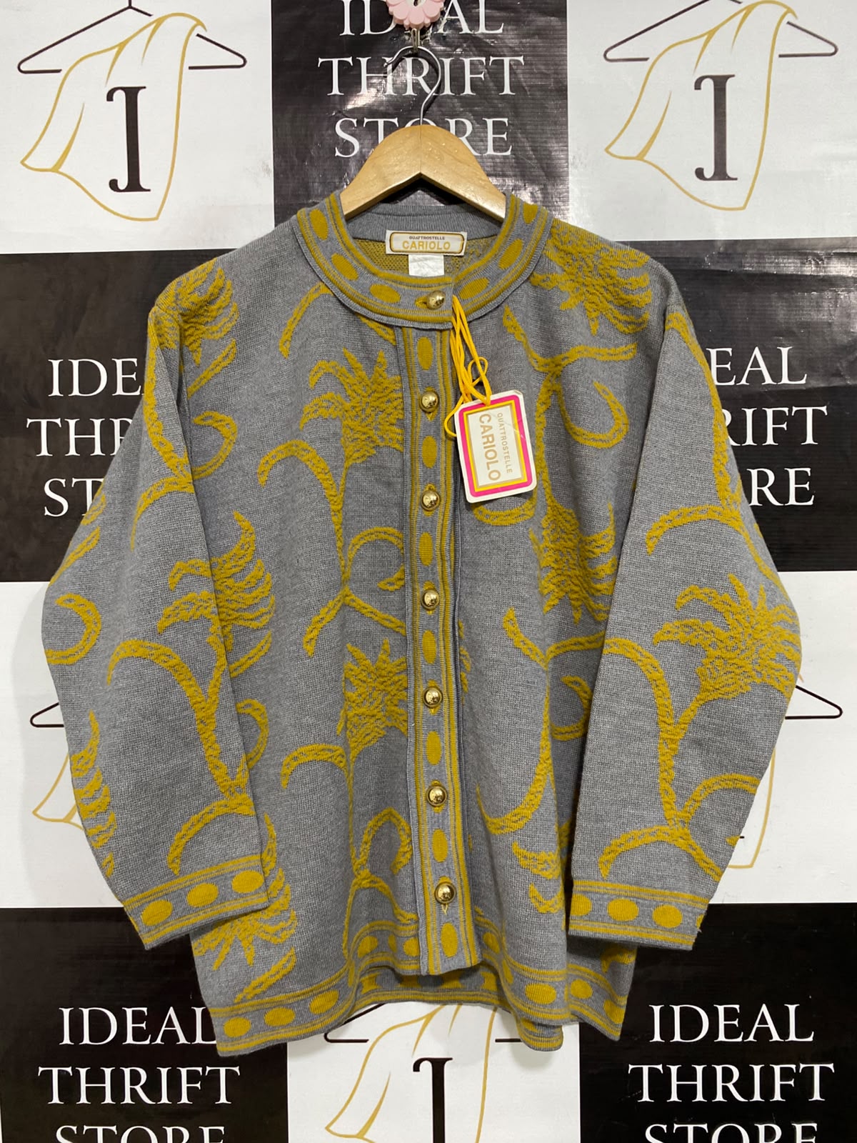 CARIOLO |M| BUST 23| A64| GREY AND MUSTARD FLORAL-PATTERN BUTTON-FRONT TECHNICAL UTILITY CARDIGAN
