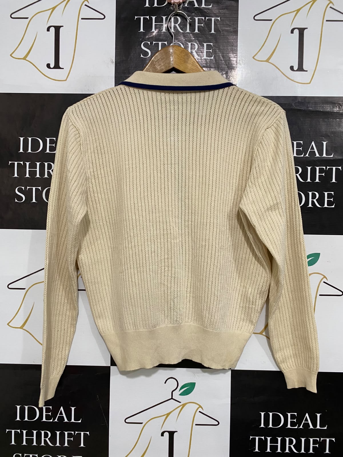 |M| BUST 20| A64| BEIGE AND BLUE CONTRAST-TRIM COLLARED TECHNICAL UTILITY CARDIGAN