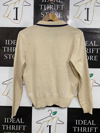 |M| BUST 20| A64| BEIGE AND BLUE CONTRAST-TRIM COLLARED TECHNICAL UTILITY CARDIGAN