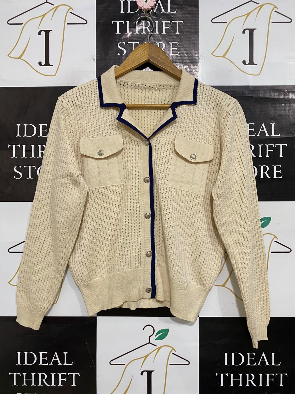 |M| BUST 20| A64| BEIGE AND BLUE CONTRAST-TRIM COLLARED TECHNICAL UTILITY CARDIGAN