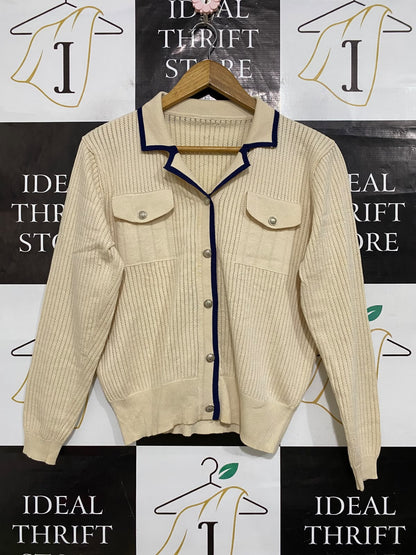 |M| BUST 20| A64| BEIGE AND BLUE CONTRAST-TRIM COLLARED TECHNICAL UTILITY CARDIGAN