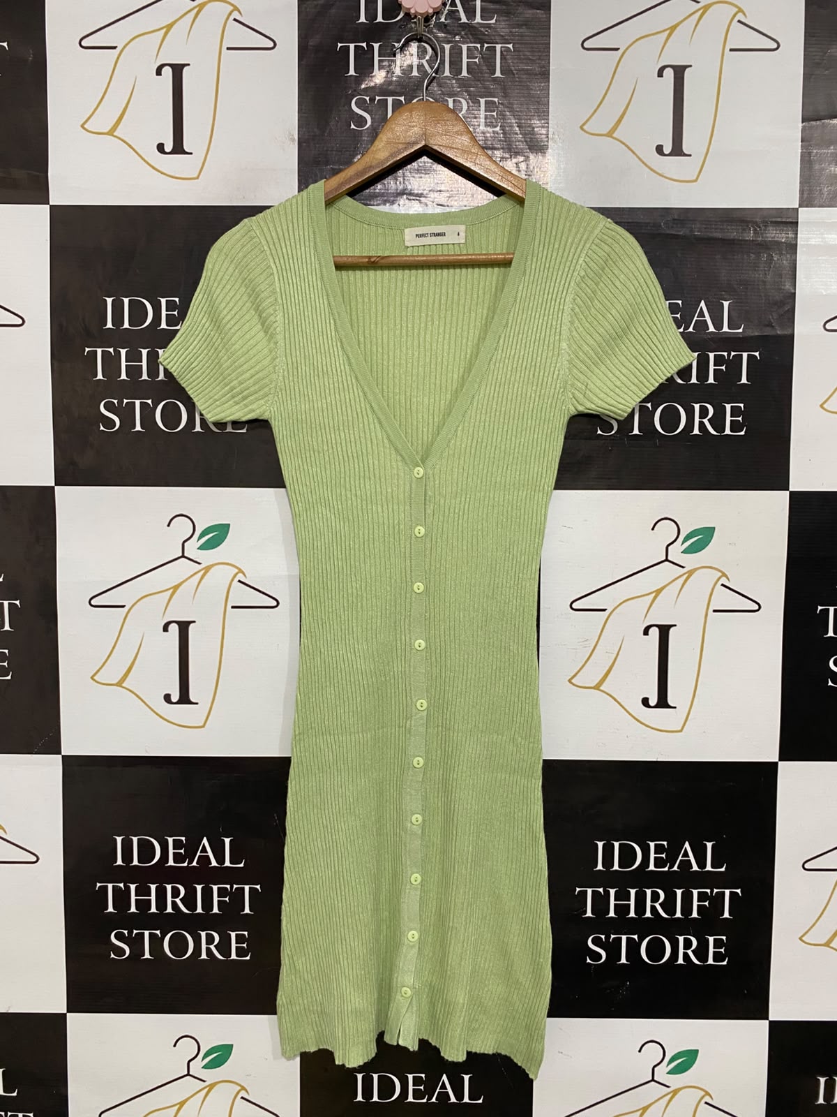 PERFECT STRANGER |XS| BUST 12| A64| SAGE GREEN RIBBED V-NECK BUTTON-FRONT TECHNICAL UTILITY MINI DRESS