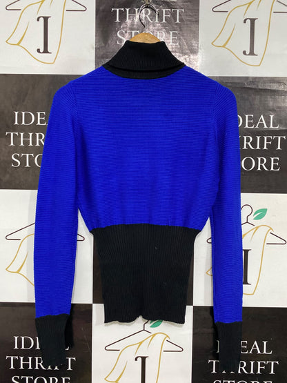 EVENTS |M| BUST 17| A64| ROYAL BLUE AND BLACK COLORBLOCK TURTLENECK LONG-SLEEVE TECHNICAL UTILITY SWEATER