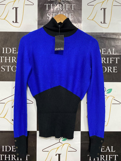 EVENTS |M| BUST 17| A64| ROYAL BLUE AND BLACK COLORBLOCK TURTLENECK LONG-SLEEVE TECHNICAL UTILITY SWEATER