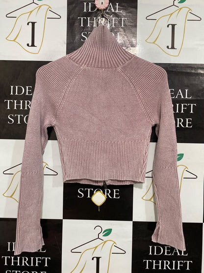 ANKO |XS| BUST 15| A64| MAUVE FULL-ZIP HIGH-COLLAR LONG-SLEEVE TECHNICAL UTILITY CROP SWEATER