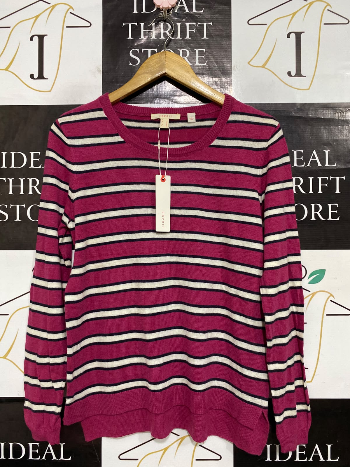 ESPRIT |S| BUST 18| A64| MAGENTA AND WHITE STRIPED CREWNECK LONG-SLEEVE TECHNICAL UTILITY SWEATER