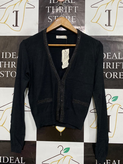 SPICYSUGAR |S| BUST 16| A64| BLACK EMBELLISHED-TRIM V-NECK TECHNICAL UTILITY CARDIGAN