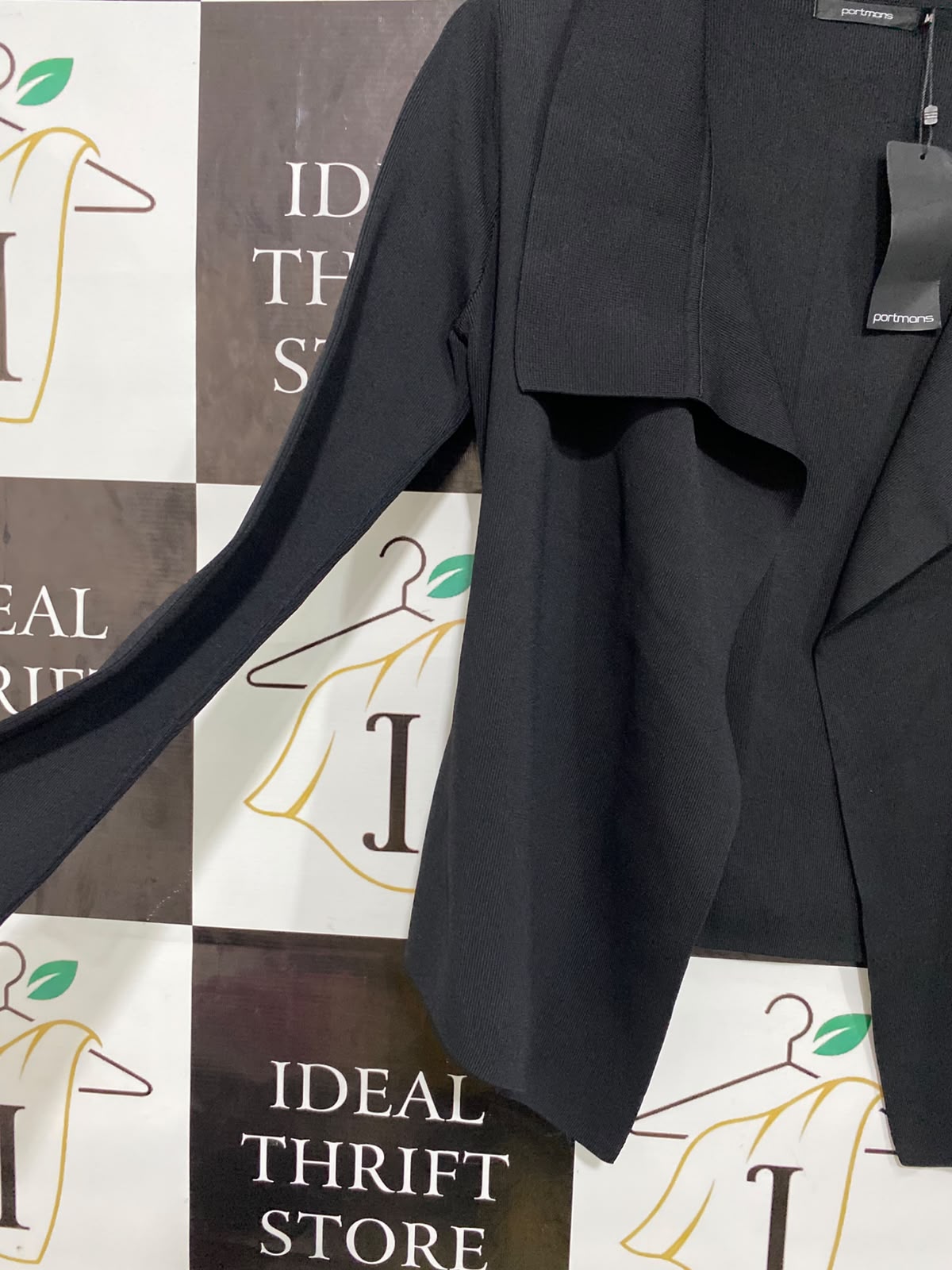 PORTMAN |M| BUST 18| A64| BLACK DRAPE-COLLAR OPEN-FRONT TECHNICAL UTILITY CARDIGAN