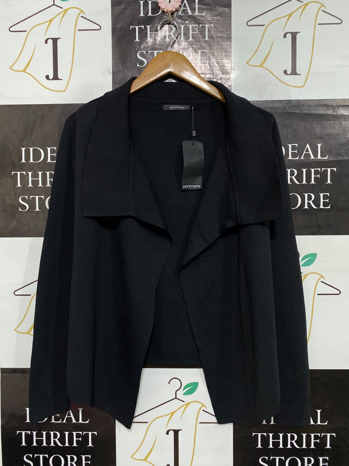 PORTMAN |M| BUST 18| A64| BLACK DRAPE-COLLAR OPEN-FRONT TECHNICAL UTILITY CARDIGAN