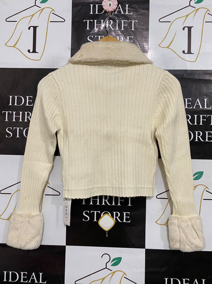 CIDER |S| BUST 14|A64| OFF-WHITE FUR-TRIM FULL-ZIP RIBBED TECHNICAL UTILITY CROP SWEATER