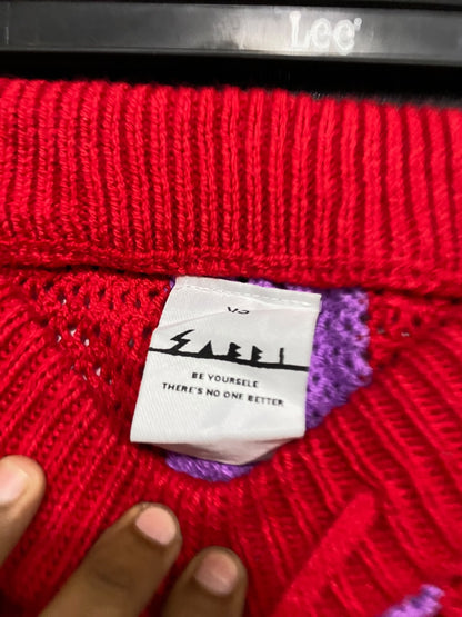 YOURSELE |XS| WAIST 28| A64| RED AND LAVENDER STRIPED DRAWSTRING CROCHET TECHNICAL UTILITY PANTS