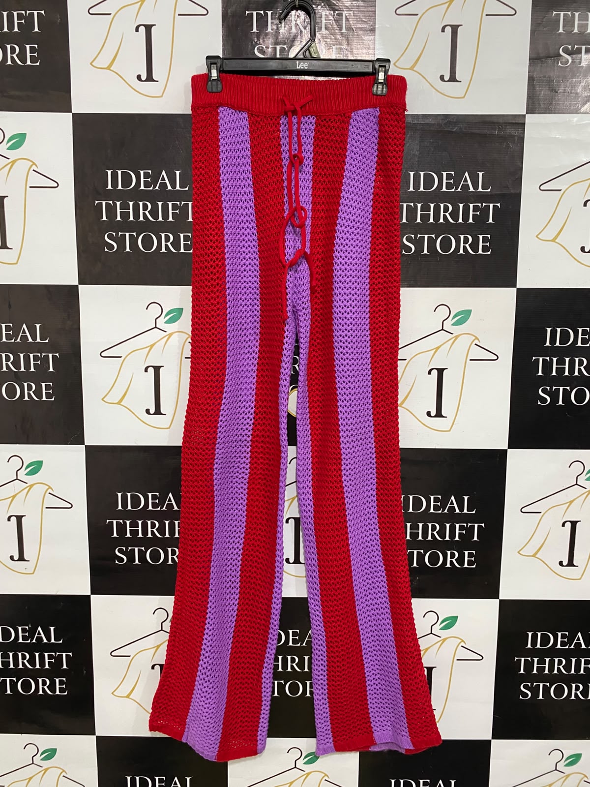 YOURSELE |XS| WAIST 28| A64| RED AND LAVENDER STRIPED DRAWSTRING CROCHET TECHNICAL UTILITY PANTS