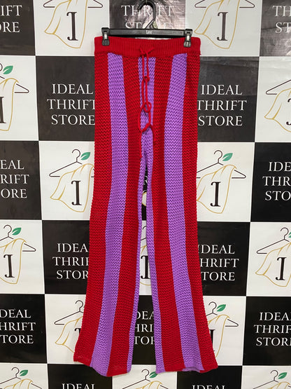 YOURSELE |XS| WAIST 28| A64| RED AND LAVENDER STRIPED DRAWSTRING CROCHET TECHNICAL UTILITY PANTS