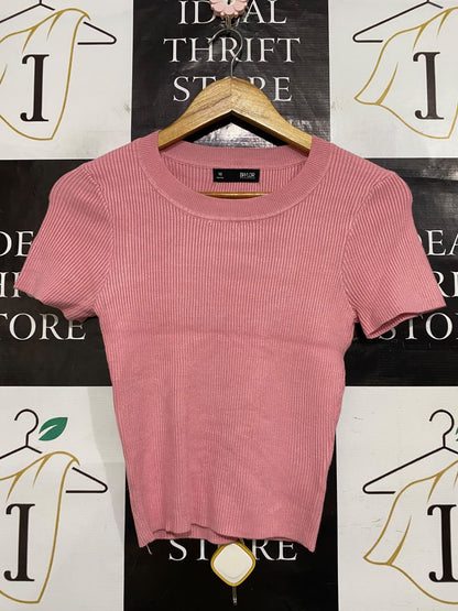 BWLDR |XS| BUST 13| A64| DUSTY PINK RIBBED CREWNECK SHORT-SLEEVE TECHNICAL UTILITY TEE
