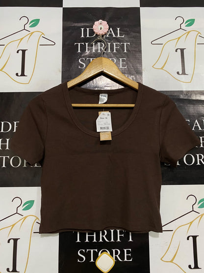 ANKO |XS| BUST 16| A64| BROWN SCOOP-NECK SHORT-SLEEVE TECHNICAL UTILITY TEE