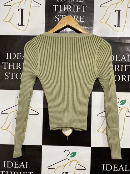 KOOKAI |XS| BUST 12| A64|SAGE GREEN RIBBED V-NECK BUTTON-UP TECHNICAL UTILITY CARDIGAN