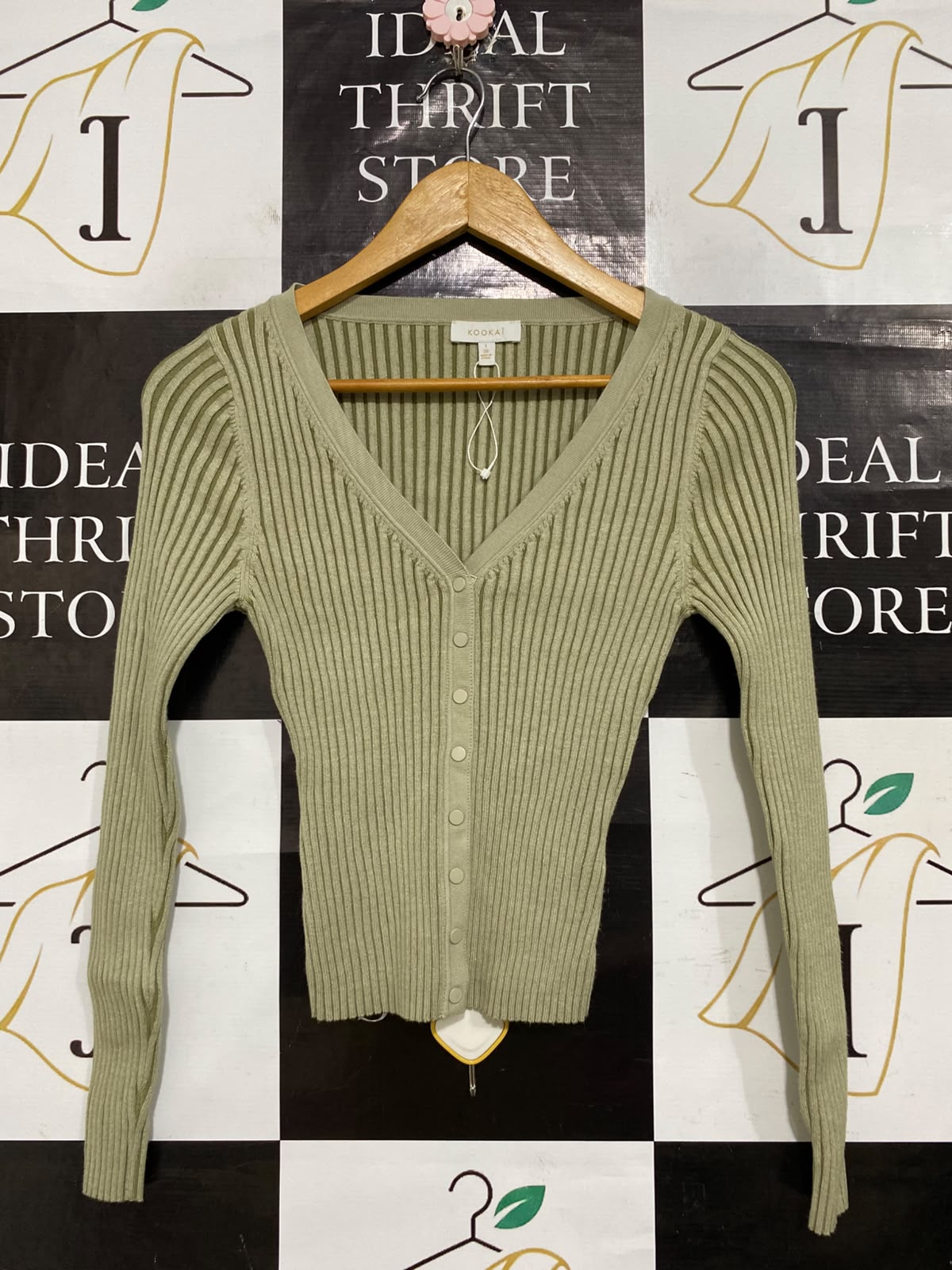 KOOKAI |XS| BUST 12| A64|SAGE GREEN RIBBED V-NECK BUTTON-UP TECHNICAL UTILITY CARDIGAN