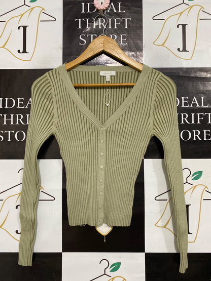 KOOKAI |XS| BUST 12| A64|SAGE GREEN RIBBED V-NECK BUTTON-UP TECHNICAL UTILITY CARDIGAN