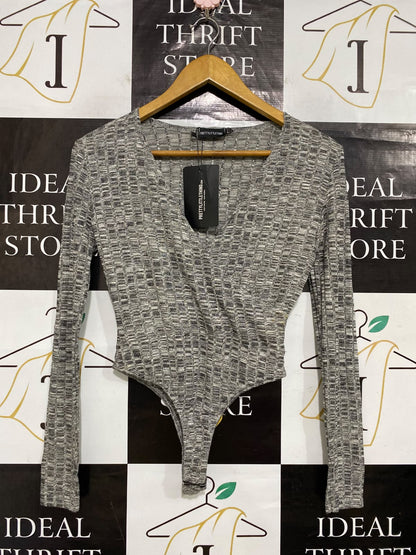 PRETTYLITTLE THING |S| BUST 16| A64| GREY MARLE WRAP-FRONT LONG-SLEEVE TECHNICAL UTILITY BODYSUIT