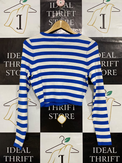 LILY LOVES |S| BUST 16| A64| BLUE AND WHITE STRIPED CREWNECK LONG-SLEEVE TECHNICAL UTILITY CROP TOP