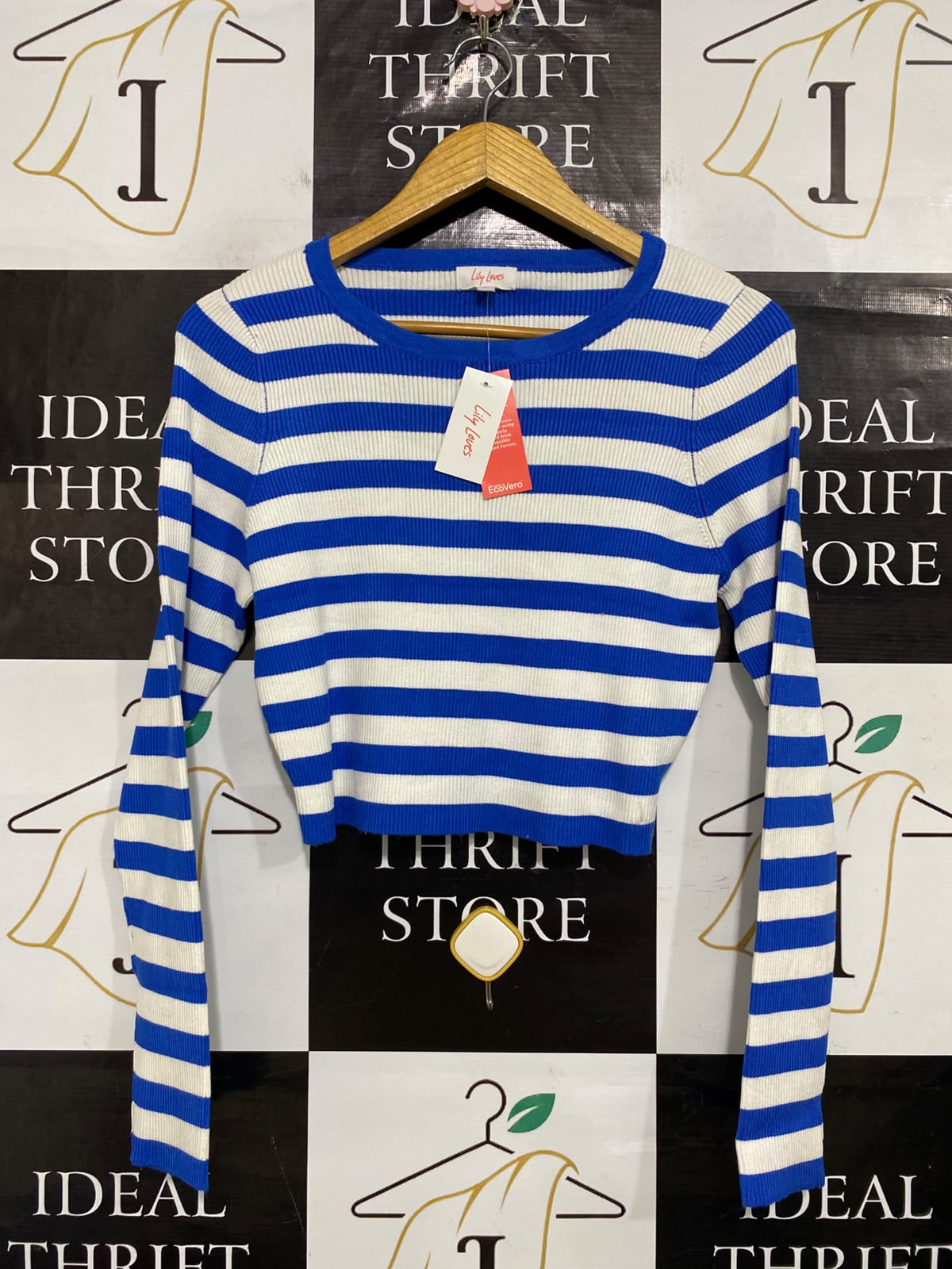 LILY LOVES |S| BUST 16| A64| BLUE AND WHITE STRIPED CREWNECK LONG-SLEEVE TECHNICAL UTILITY CROP TOP