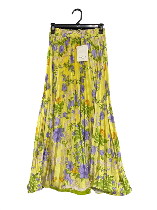 LAFEE |XS| WAIST 24| A65| YELLOW AND PURPLE PLEATED FLORAL MAXI SKIRT