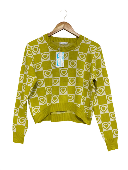 VALLEY GIRL |S| BUST 20| A65| LIME GREEN AND WHITE HEART-CHECKERED LONG-SLEEVE SWEATER