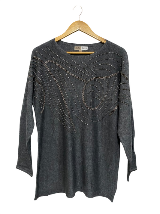 CAFE LATTE |XS/S| BUST 20| A65| CHARCOAL GREY BEADED SWIRL LONG-SLEEVE  SWEATER