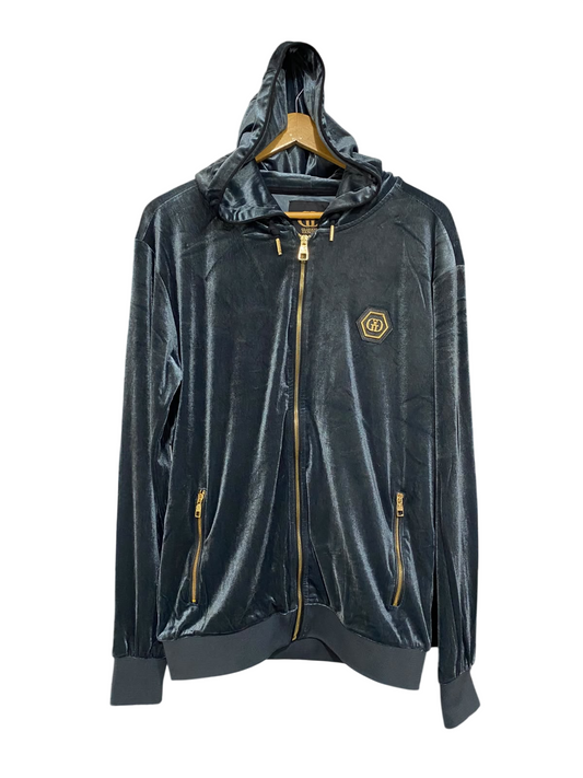 GLORIOUS GANGSTA |M| BUST 22| A65| DARK GREY VELOUR GOLD-ZIP HOODED  JACKET