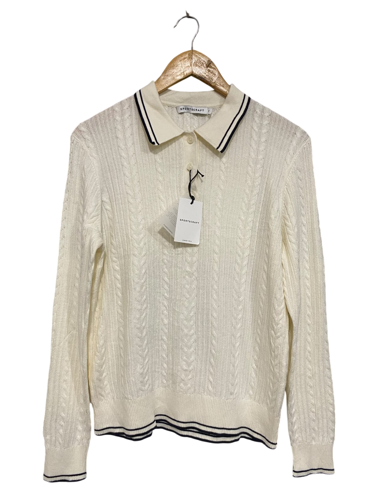 SPORTS CRAFT |XS| BUST 19| A65| CREAM AND NAVY STRIPED CABLE-KNIT COLLARED LONG-SLEEVE TECHNICAL UTILITY SWEATER