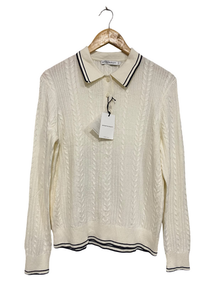 SPORTS CRAFT |XS| BUST 19| A65| CREAM AND NAVY STRIPED CABLE-KNIT COLLARED LONG-SLEEVE TECHNICAL UTILITY SWEATER