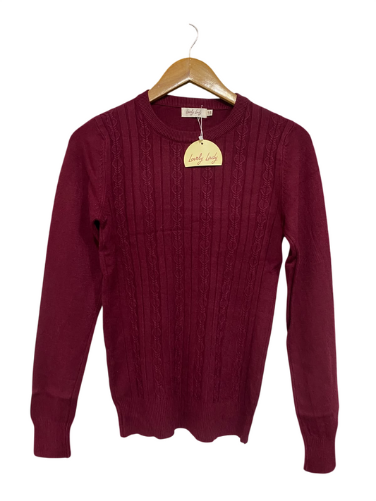 LOVELY LADY |S| BUST 15| A65| BURGUNDY CABLE-KNIT LONG-SLEEVE  SWEATER