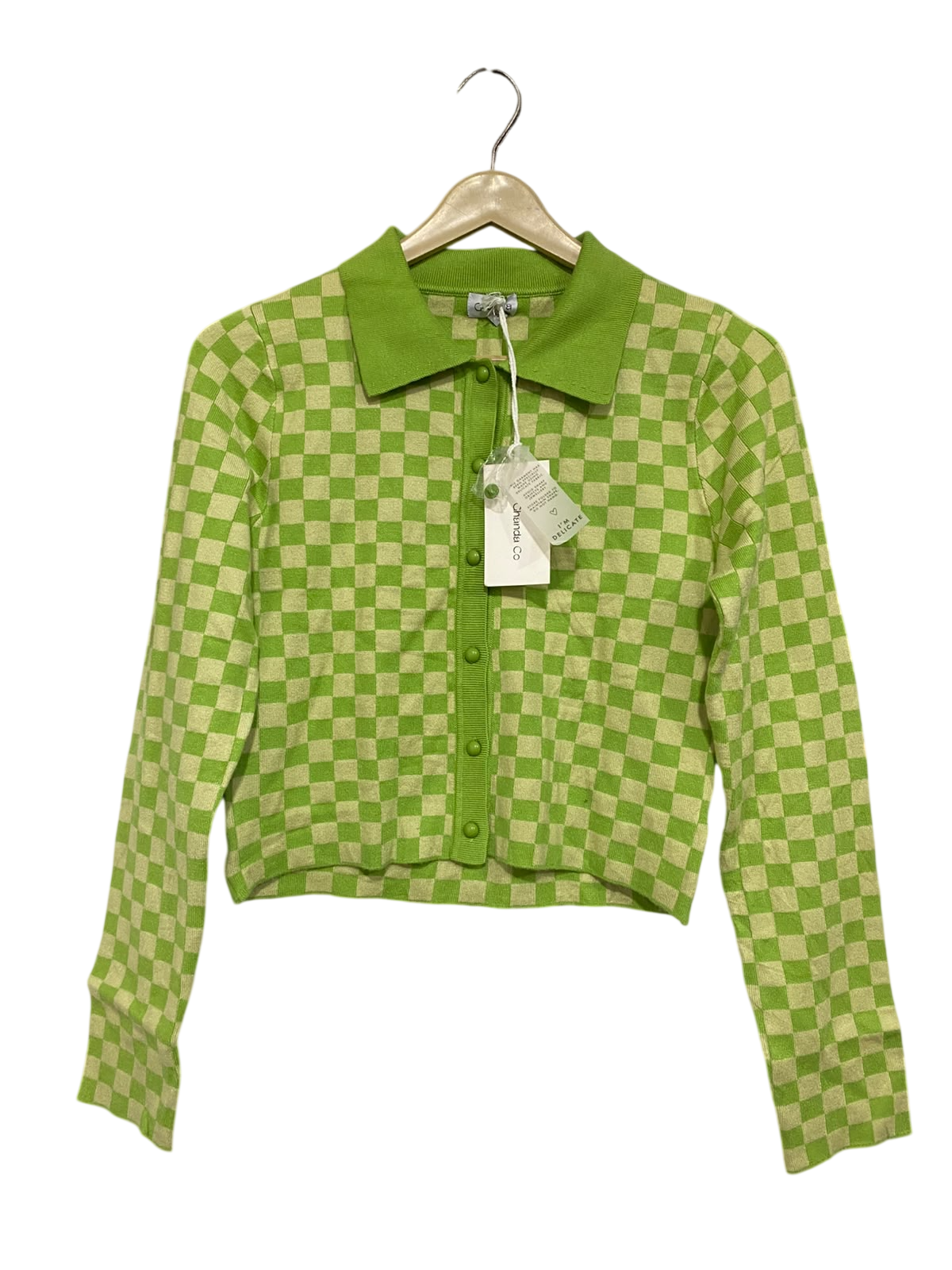 CHANDA |S| BUST 16| A65| LIME GREEN CHECKERED COLLARED LONG-SLEEVE  CARDIGAN